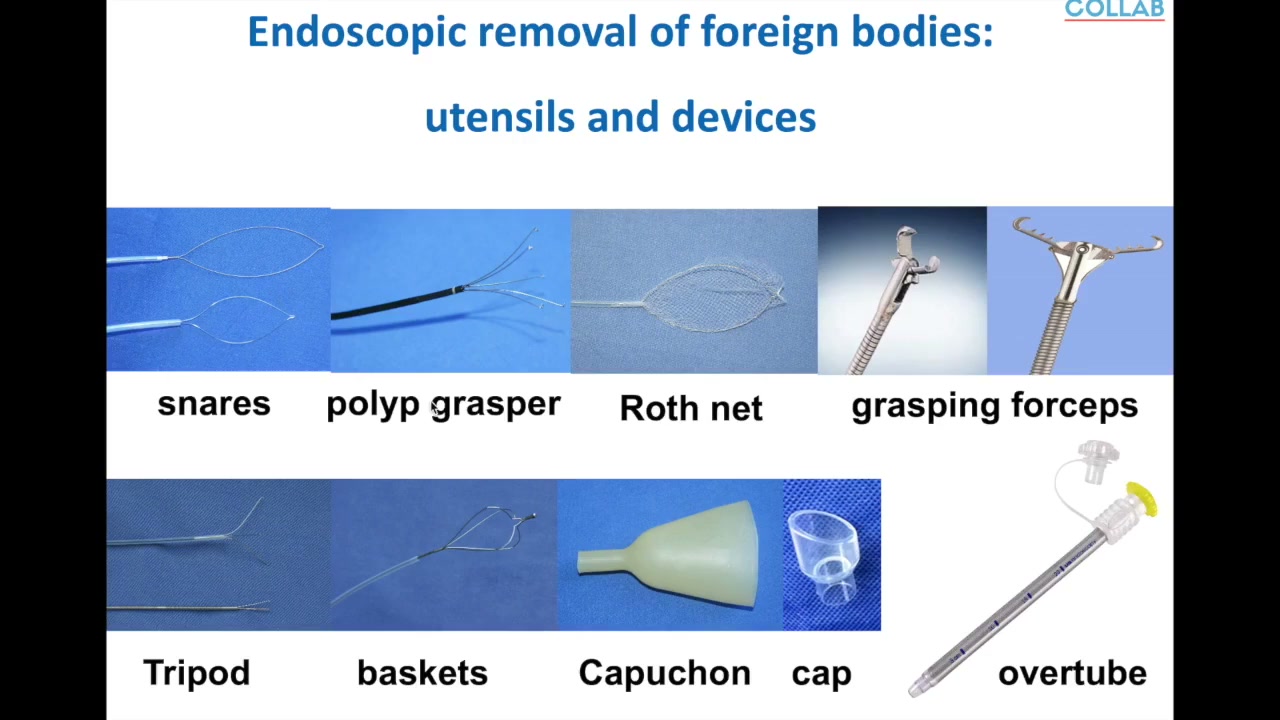 Retrieval devices for endoscopic foreign body removal: snares, polyp grasper, Roth net, grasping forceps, tripod, baskets, capuchon, cap, and overtube.